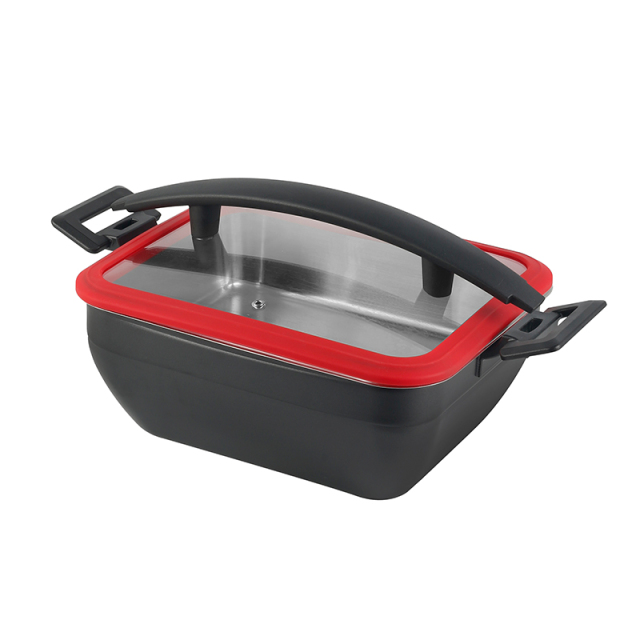Square Chafer Pot With Red  Silica gel glass lid Wooden handle 5.2L