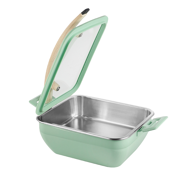 GREEN Square Chafer Pot With Green  Silica gel glass lid Wooden handle 5.2L