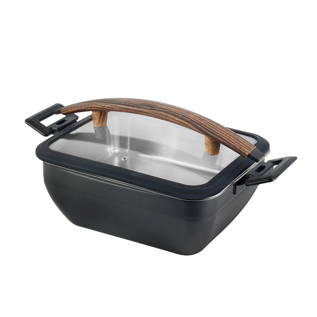 Square Chafer Pot With Black Silica gel glass lid Wooden handle 5.2L
