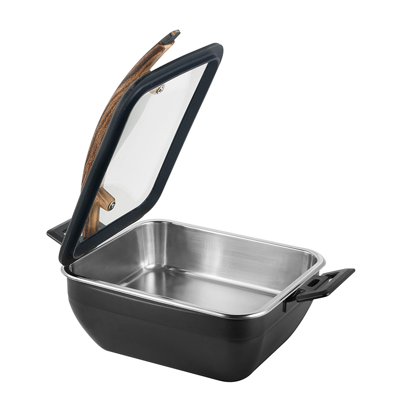 Square Chafer Pot With Black Silica gel glass lid Wooden handle 5.2L