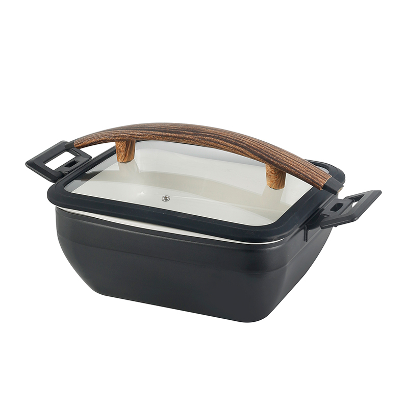 Square Chafer Pot With Black Silica gel glass lid Wooden handle 5.2L