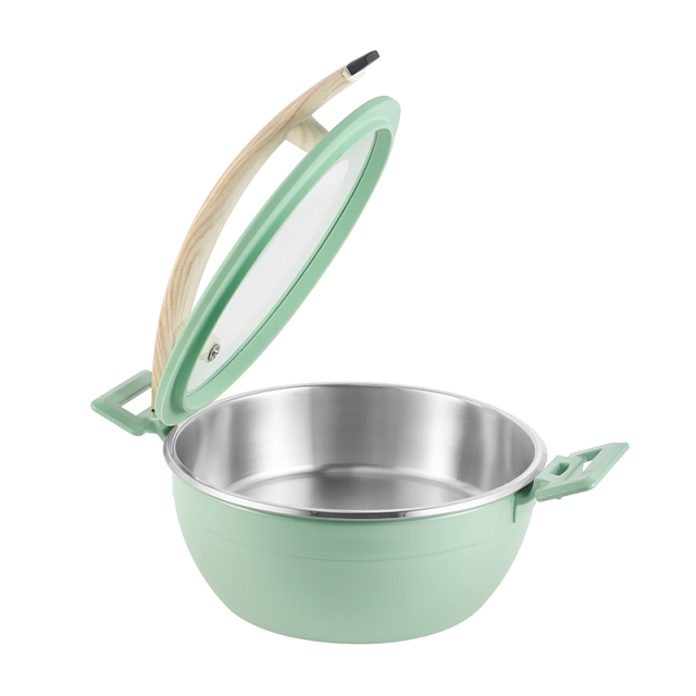 Green  Round Chafer Pot With Green Silica gel glass lid Wooden handle 5.2L