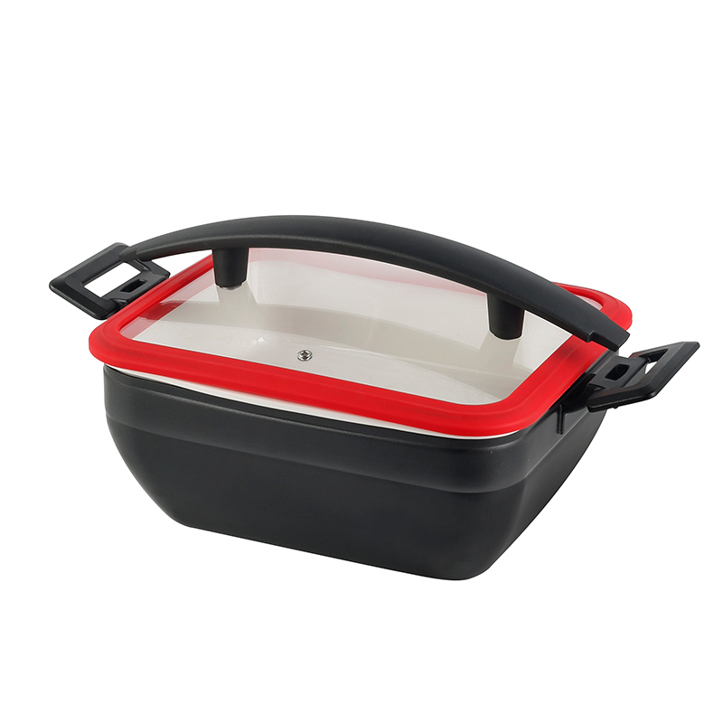 Square Chafer Pot With Red  Silica gel glass lid Wooden handle 5.2L