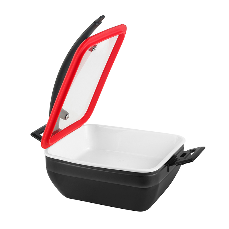 Square Chafer Pot With Red  Silica gel glass lid Wooden handle 5.2L