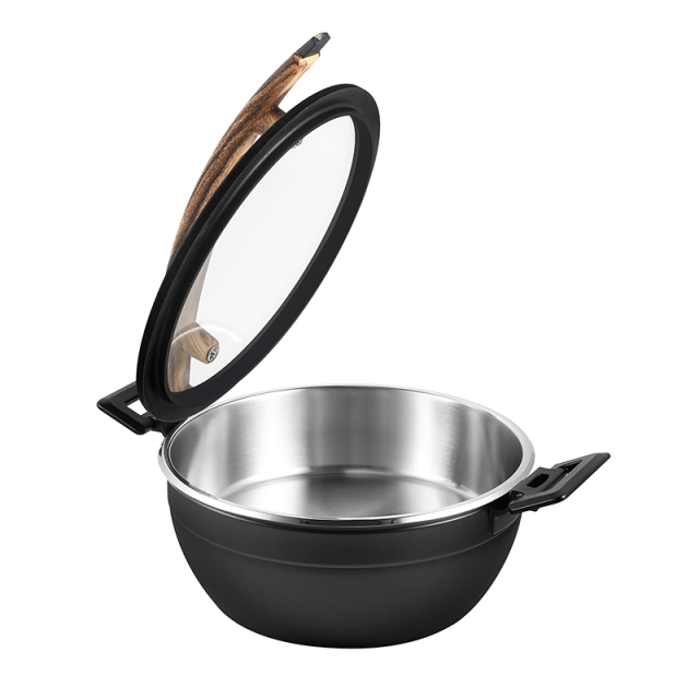 Round Chafer Pot With Black Silica gel glass lid Wooden handle 5.2L