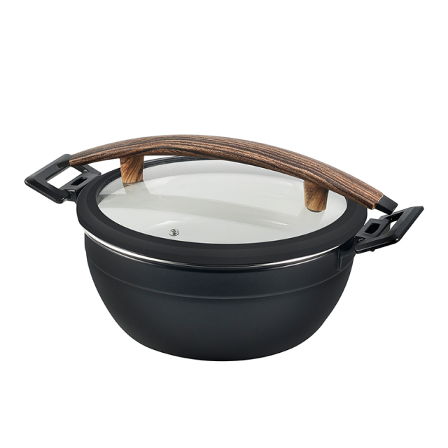 Round Chafer Pot With Black Silica gel glass lid Wooden handle 5.2L