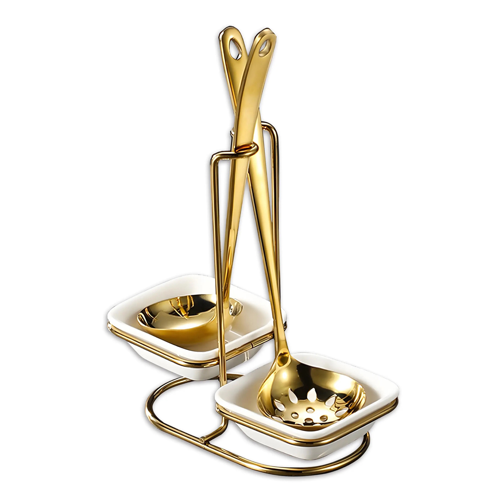 Double Golden Stainless Steel Soup Spoon with Square Ceramic Spoon Rest