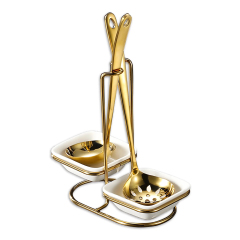 Double Golden Stainless Steel Soup Spoon with Square Ceramic Spoon Rest