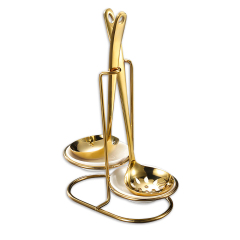 Double Golden Stainless Steel Soup Spoon with Round Ceramic Spoon Rest