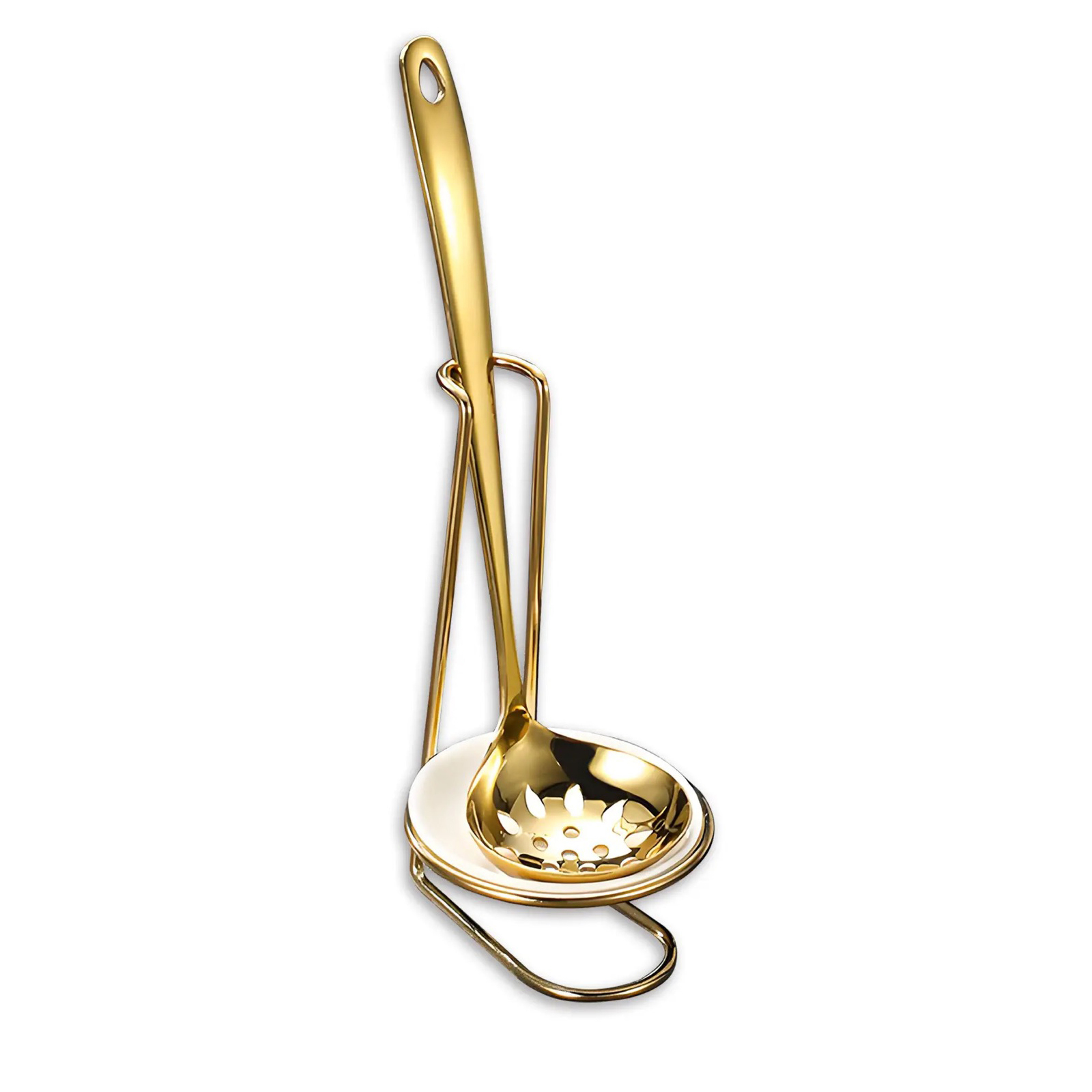 Single Golden Stainless Steel Soup Spoon with Round Ceramic Spoon Rest