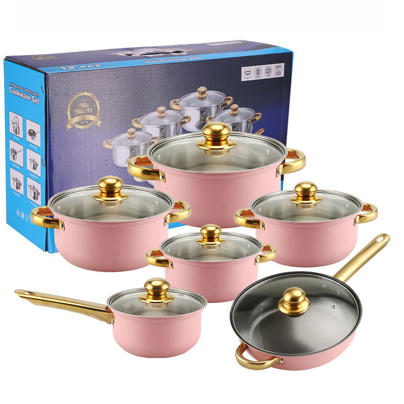 Pink  tube handle cookware set 12pcs