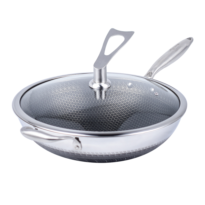 Three-layer Stainless Steel Covered Honeycomb Non-stick Wok