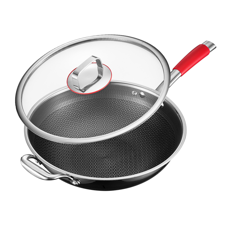 Three-layer Stainless Steel Non-stick Wok with Red Handle and Honeycomb Texture