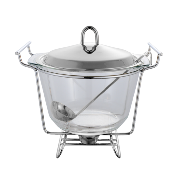 4L Round Deep Glass Chafing Dish with Stainless Steel Lid