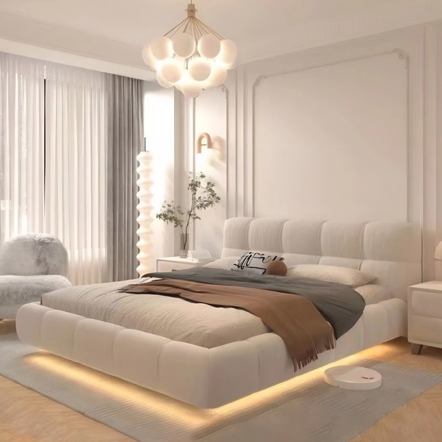 【 Shipping Delivery 】High end oversized cushioned platform suspended bed with light at the bottom - velvet fabric and sponge latex backrest