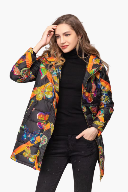 Long Padded Jacket with Butterfly Print – Womens Printed Jackets