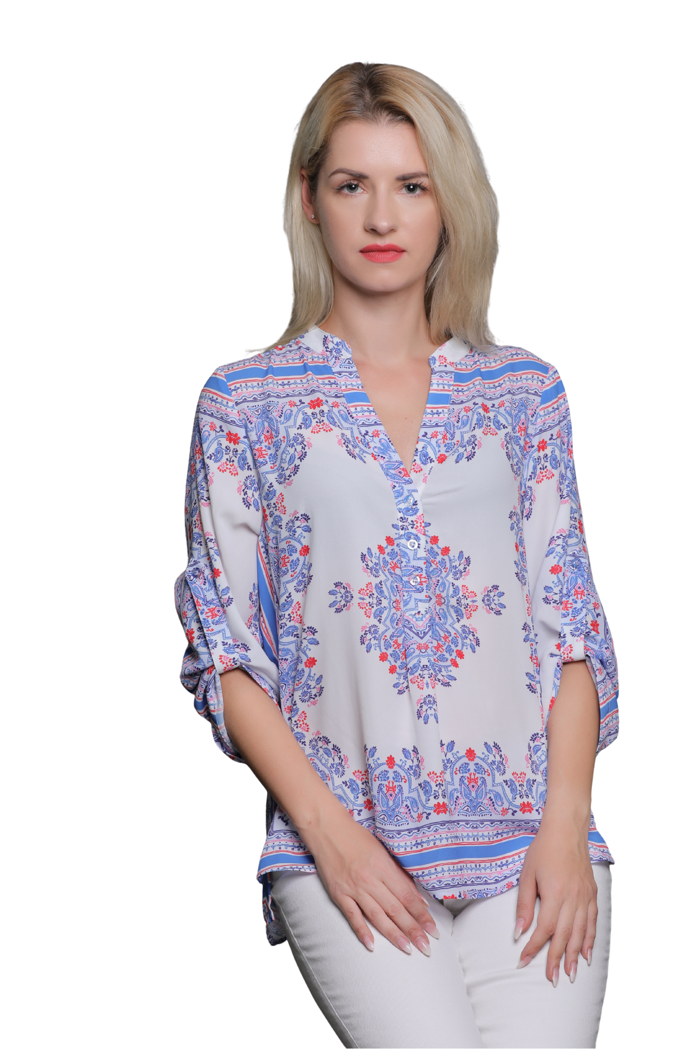 Blue Custom Printed Blouse Gold Chains - LAN-APPAREL Wholesale