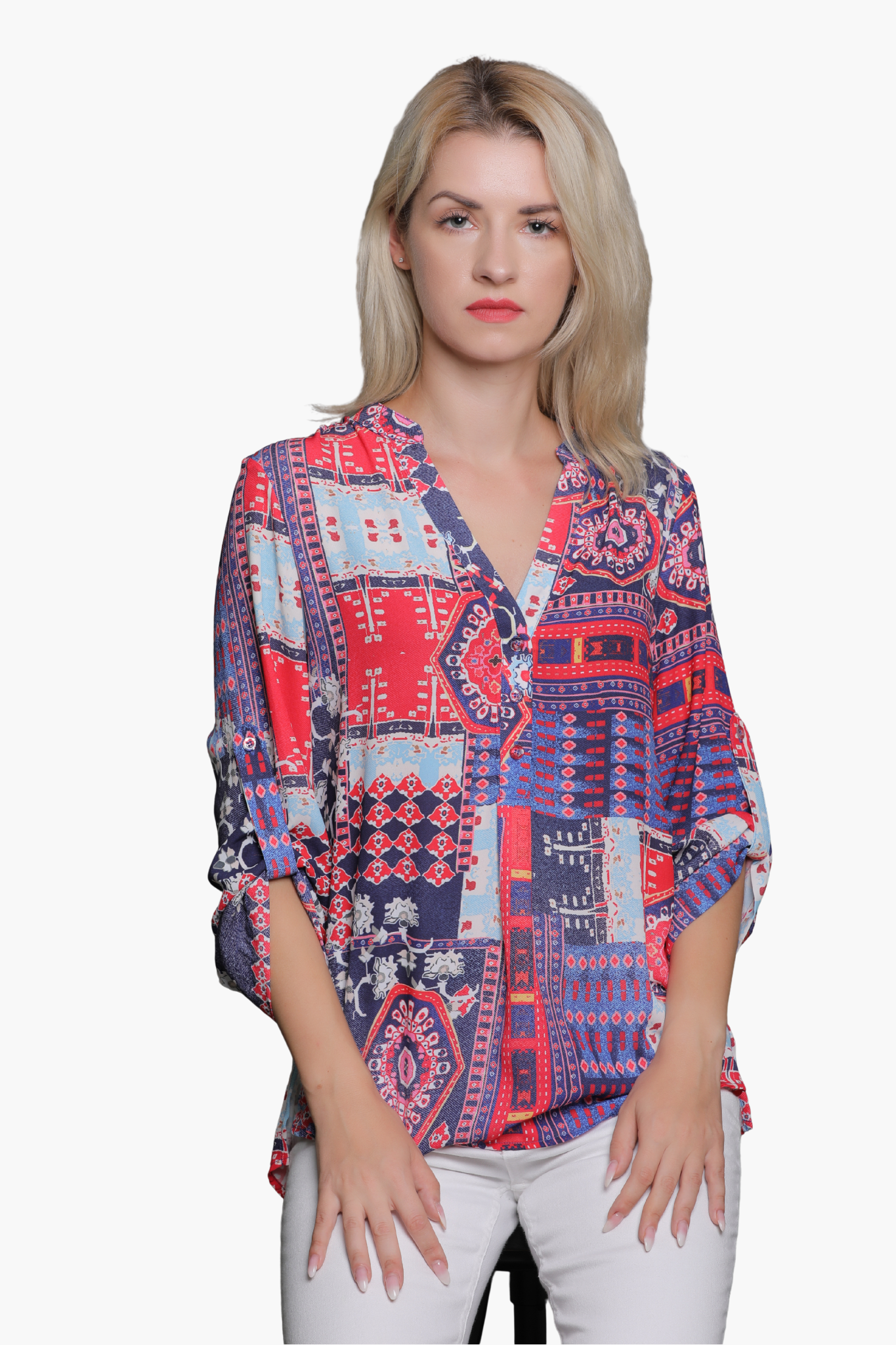 Blue Custom Printed Blouse Gold Chains - LAN-APPAREL Wholesale