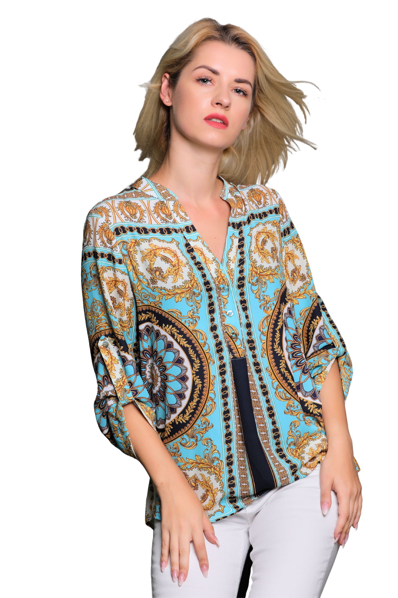 Blue Custom Printed Blouse Gold Chains - LAN-APPAREL Wholesale