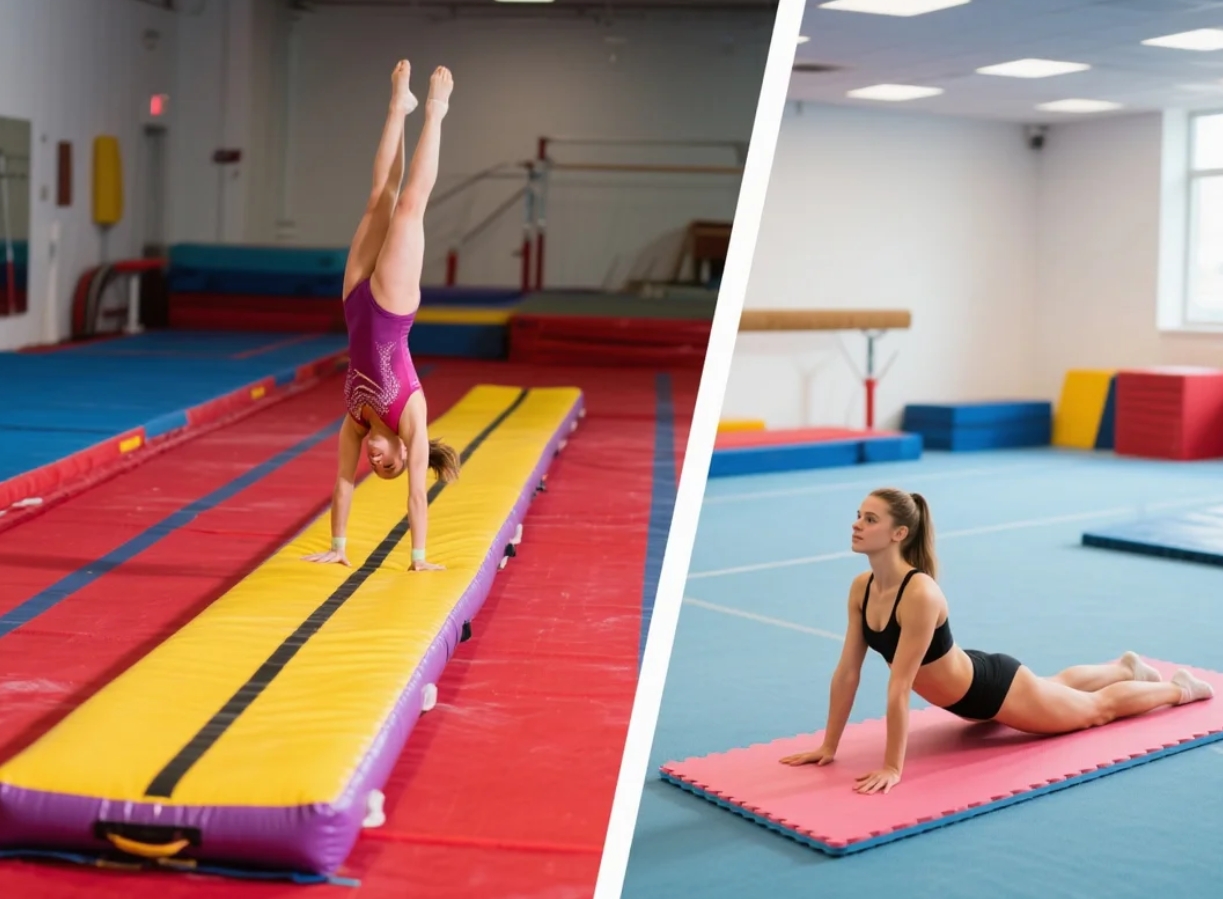Gymnastics training comparison backflip on inflatable air track vs. stretching on traditional gym mat in a gym setting