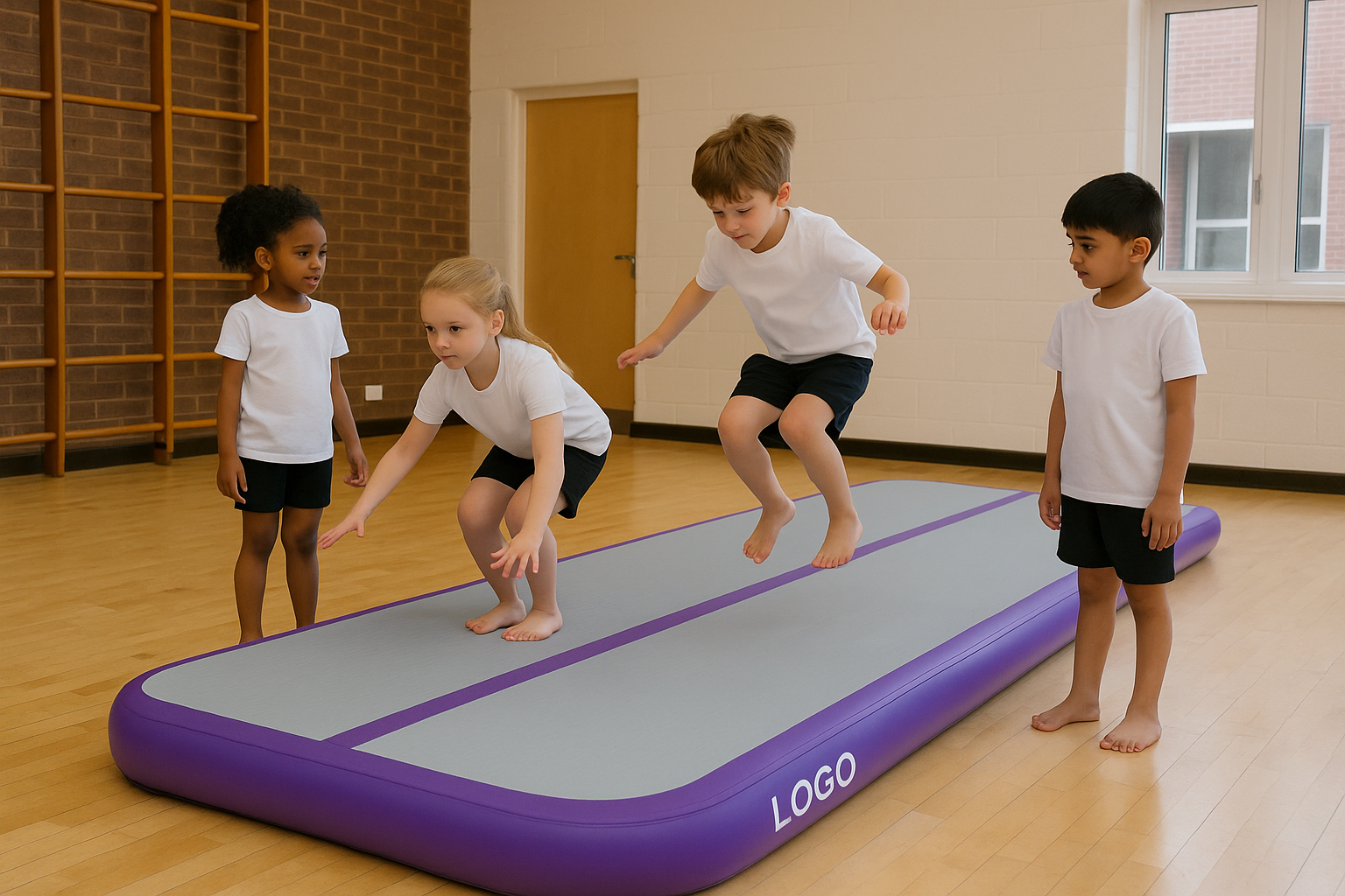 a group of children using a gray inflatable gymnastics mat in a bright school gym
