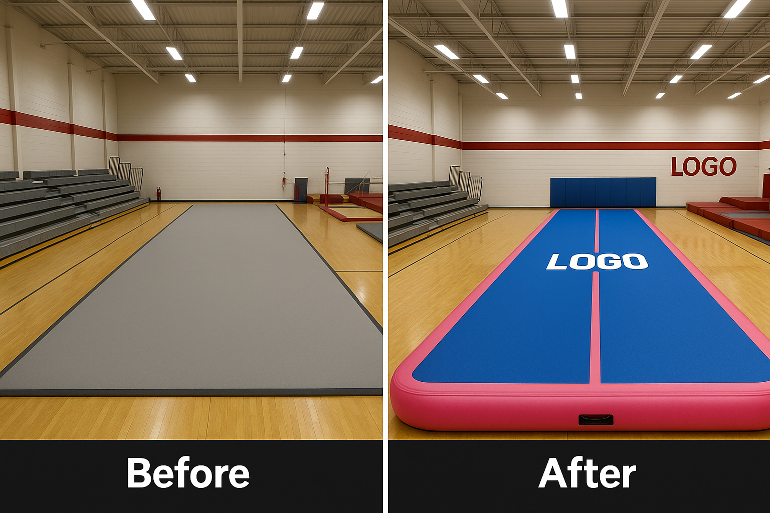 a gym before and after installing customized inflatable gymnastics mats