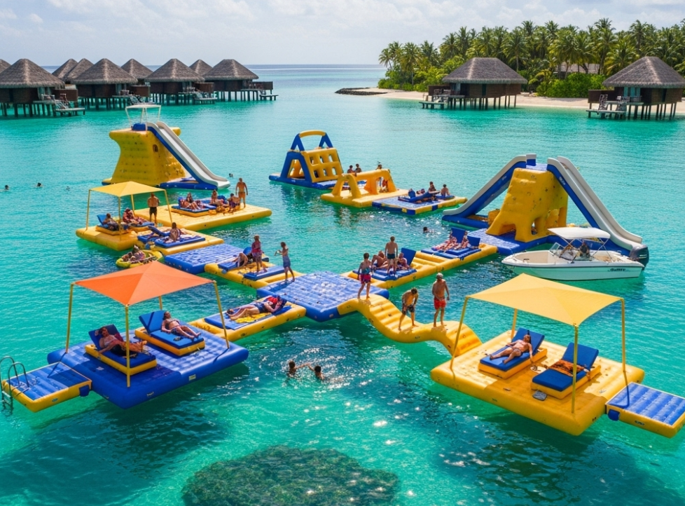 Commercial inflatable platforms for water at a resort, ideal for B2B buyers.