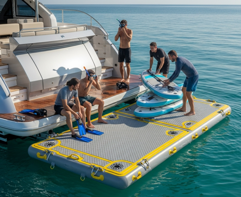 Commercial yacht with inflatable swim platform for multi-passenger use