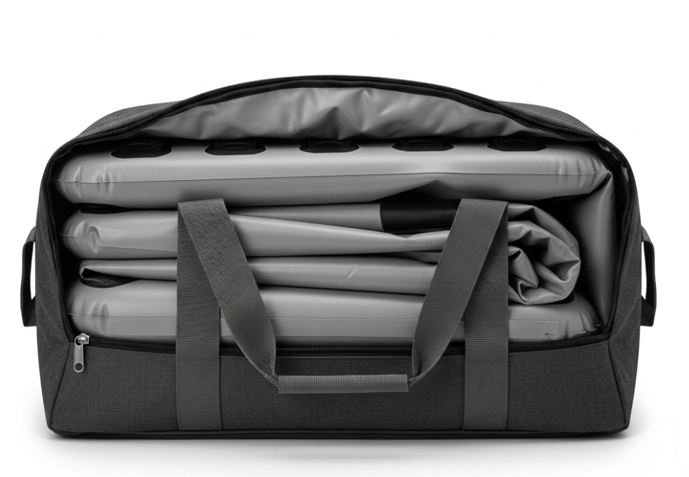 Compact inflatable swim platform ready for transport