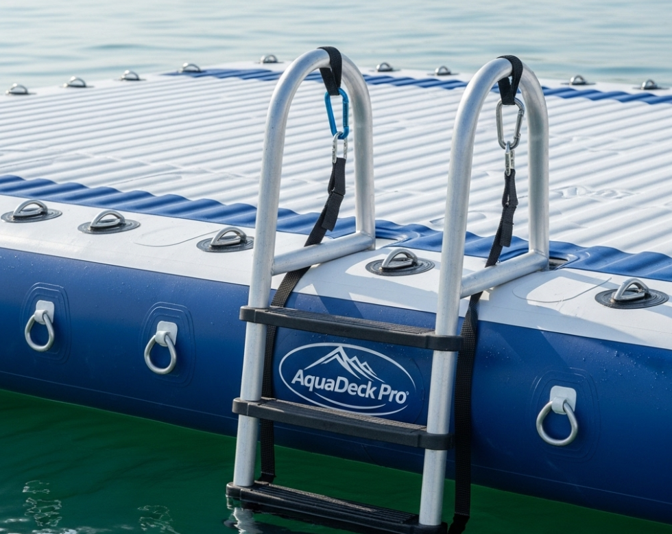 Inflatable swim platform showing attachment points and customization