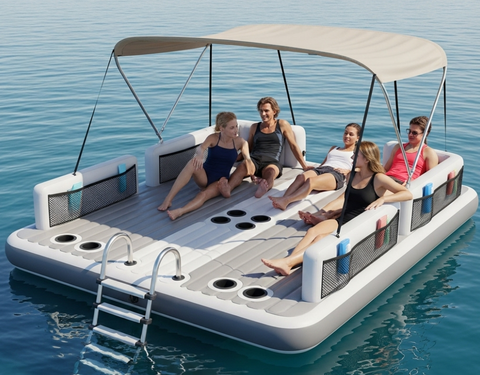 Inflatable swim platform with accessories for enhanced user experience