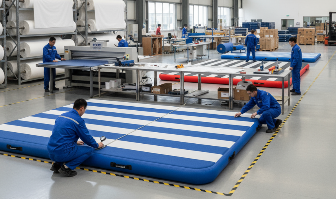 Air track factory with workers inspecting inflatable mats, showcasing quality materials and professional manufacturing