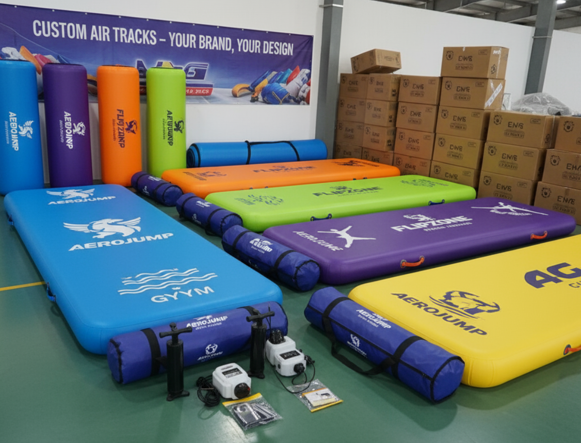 Customizable inflatable air tracks with logo printing, brand colors, packaging, and accessories for wholesale orders