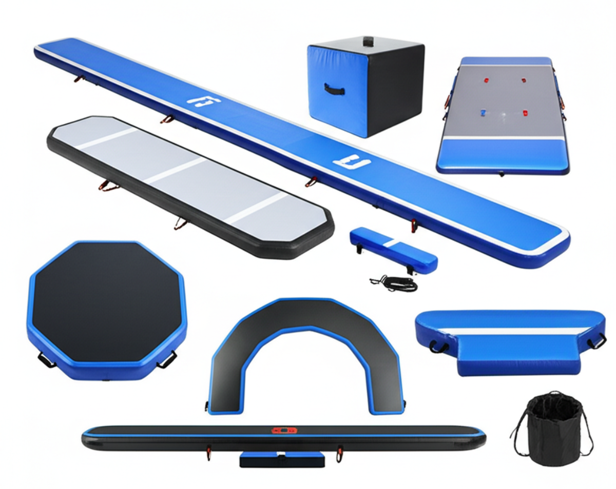 Different types of inflatable tumbling tracks for wholesale, including standard mats, long gym tracks, accessory kits, and custom-shaped designs.