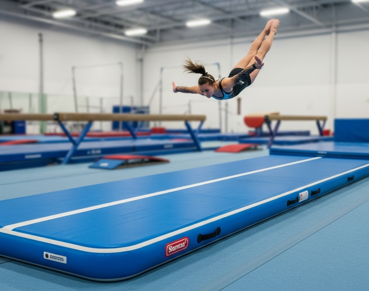 Gymnast practicing a flip on an inflatable air track mat inside a gym
