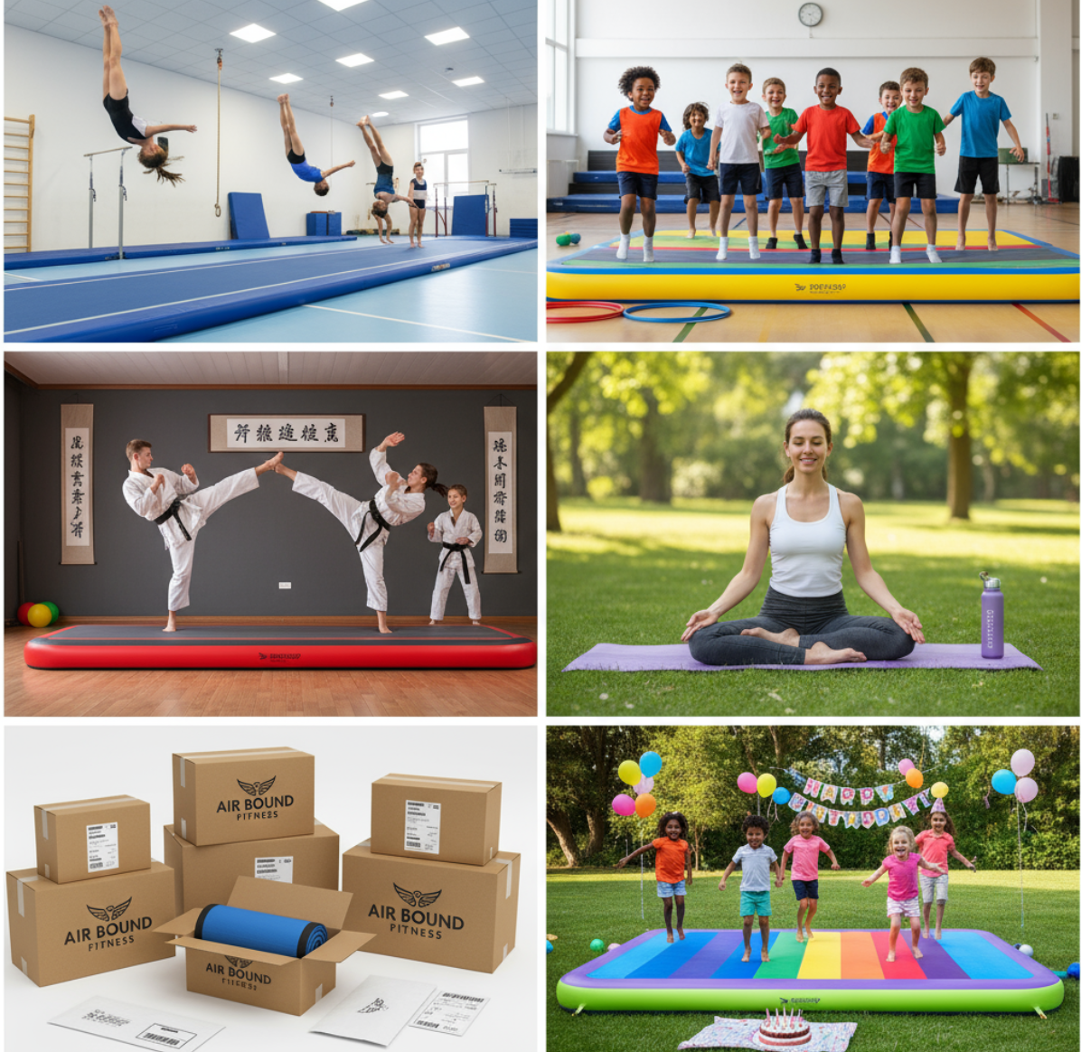 Various industries using wholesale inflatable air tracks, including gyms, schools, martial arts studios, yoga, e-commerce, events, and physical therapy