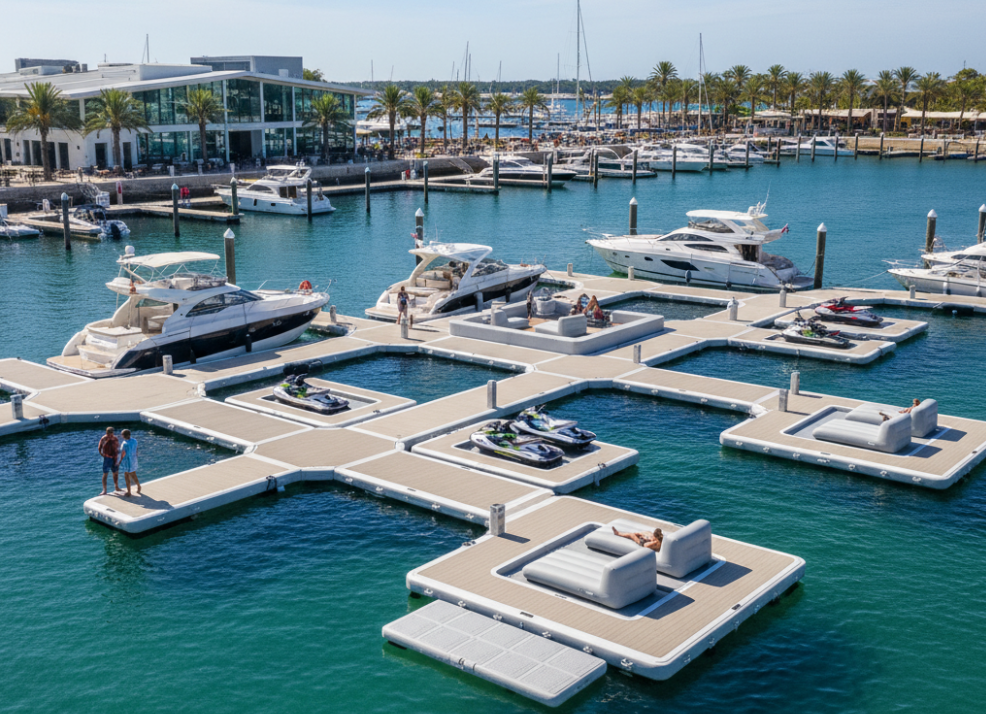 Commercial marina featuring modular inflatable docks with boats docked, demonstrating versatile waterfront solutions for B2B buyers