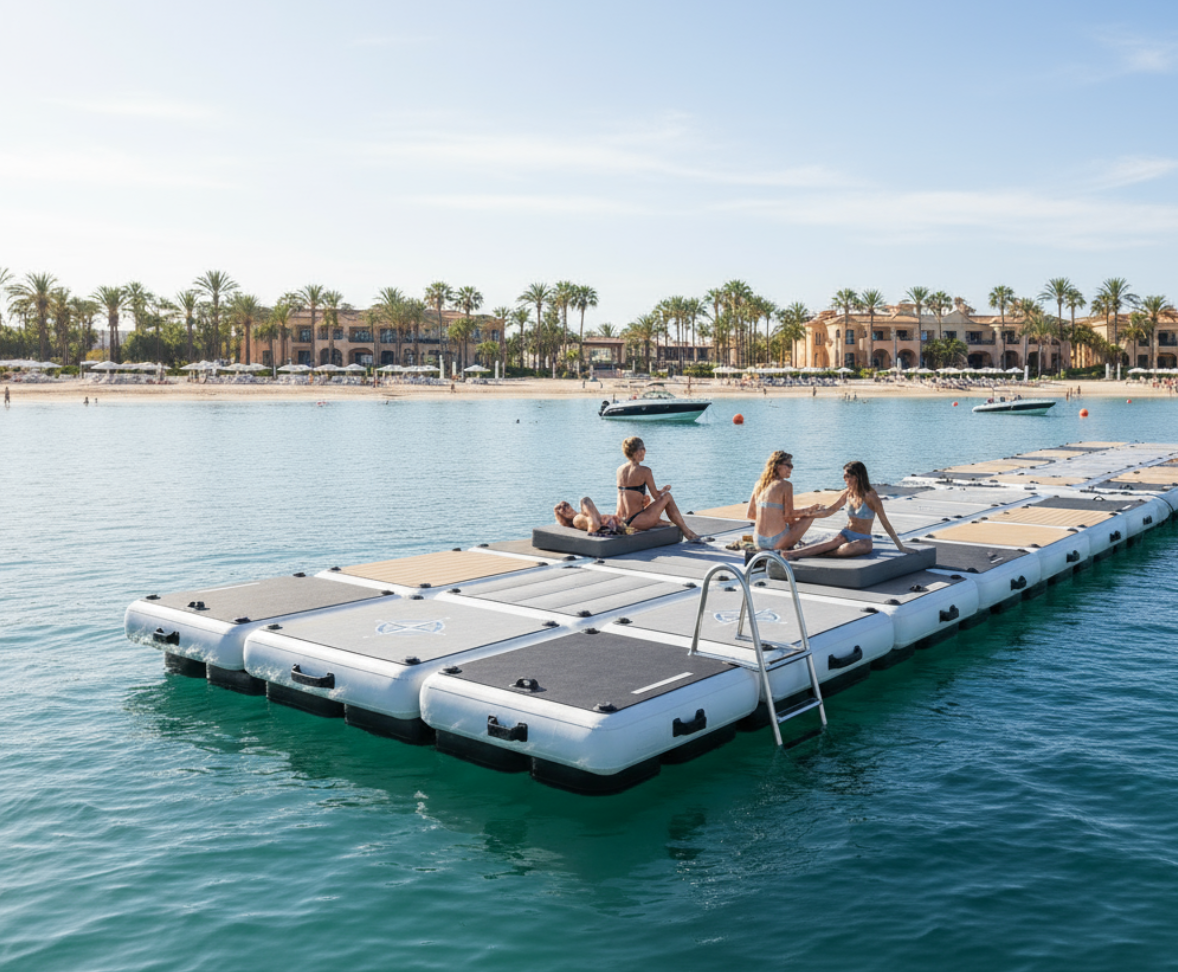 Custom inflatable dock with integrated branding and tailored design for commercial use