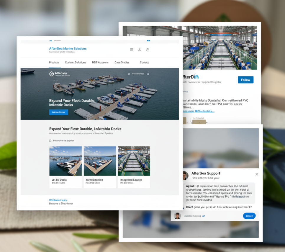 Digital marketing assets for inflatable dock distributors, including e-commerce platform, LinkedIn ads, and customer live chat