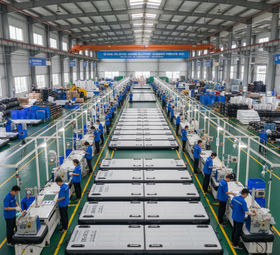 Inflatable dock manufacturing facility in Zhejiang, China, showcasing advanced assembly lines and quality control processes
