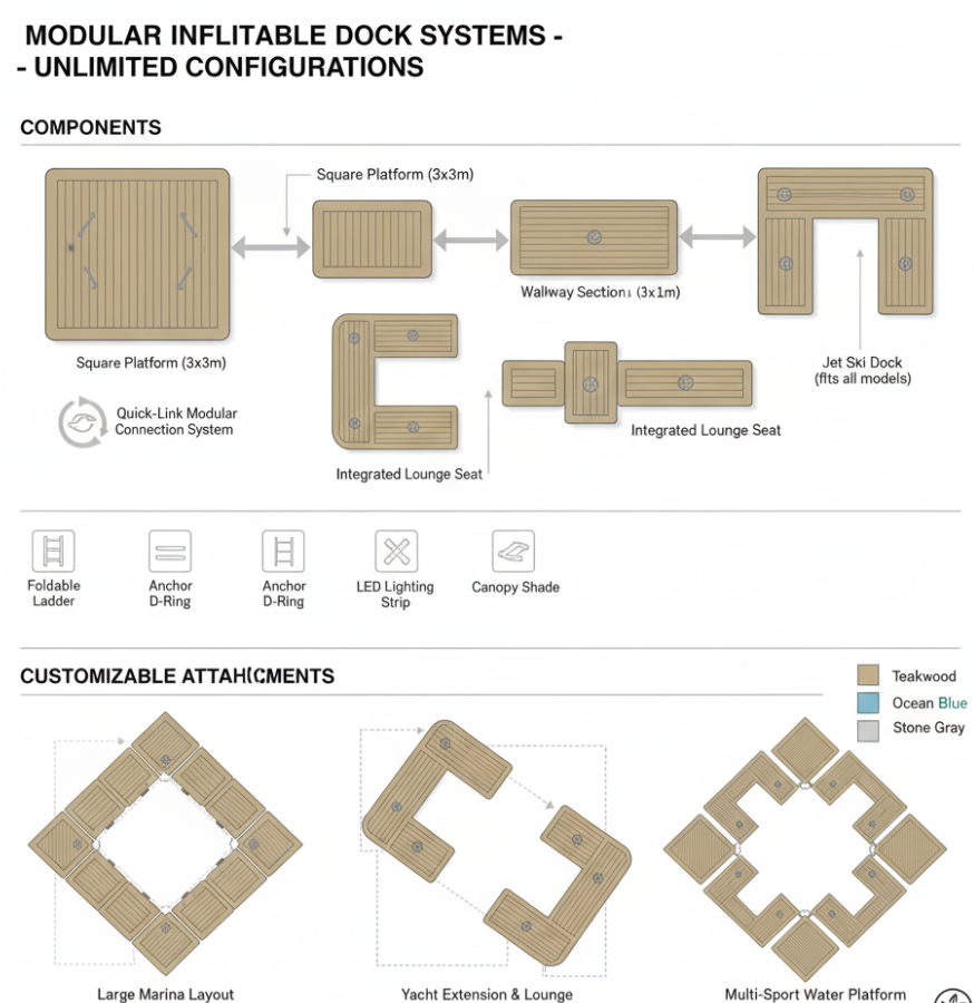 Infographic showing modular inflatable dock components and customization options for tailored water docking solutions