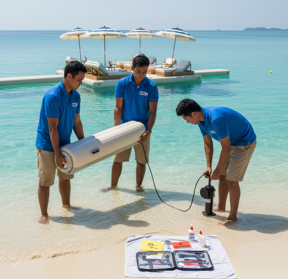 Installation and maintenance of heavy duty inflatable dock at resort