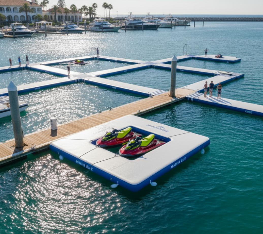 10x10 inflatable dock at a commercial marina with jet skis
