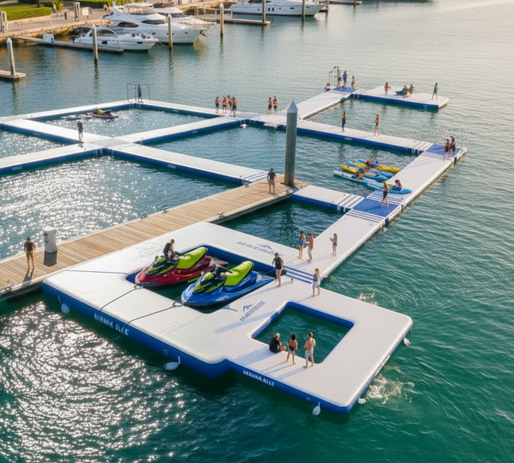 10x10 inflatable dock supporting multiple jet skis safely
