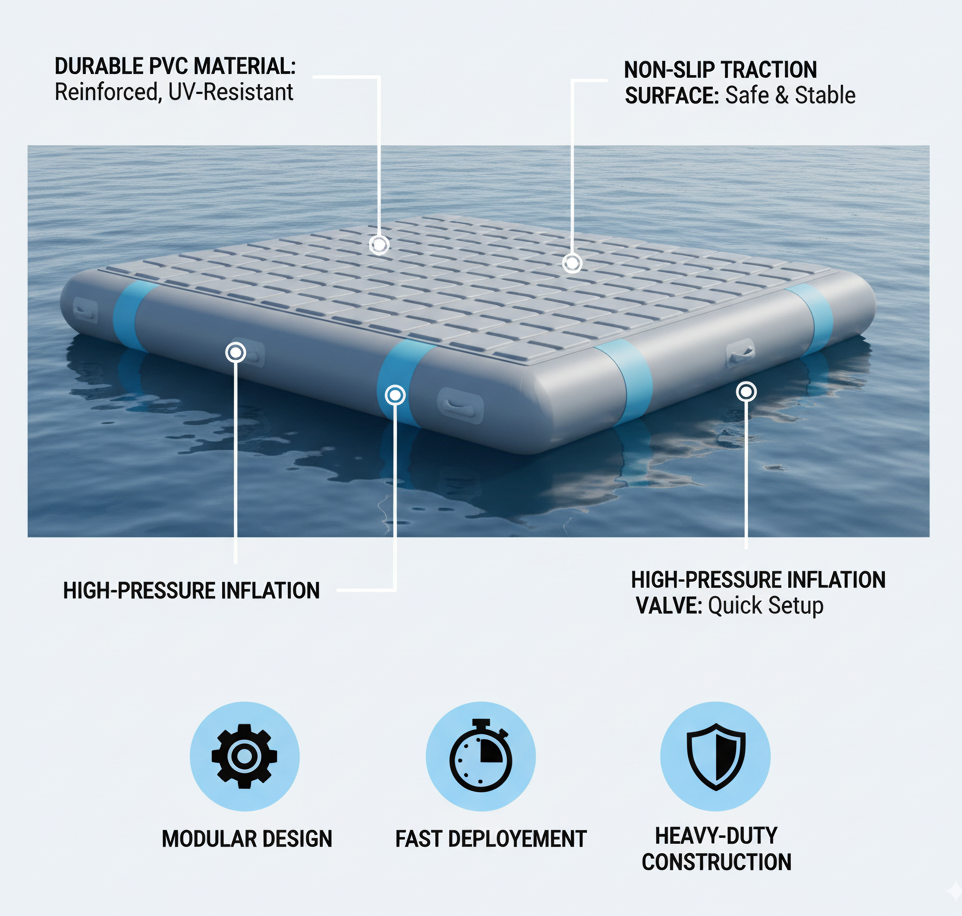 10x10 inflatable dock technical diagram showing materials and valves