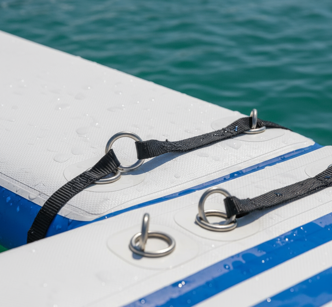 Commercial-grade 10x10 inflatable dock showing material and stability features