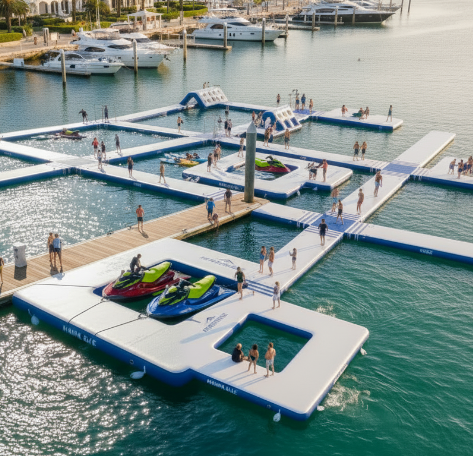 Commercial marina using multiple 10x10 inflatable docks for expansion