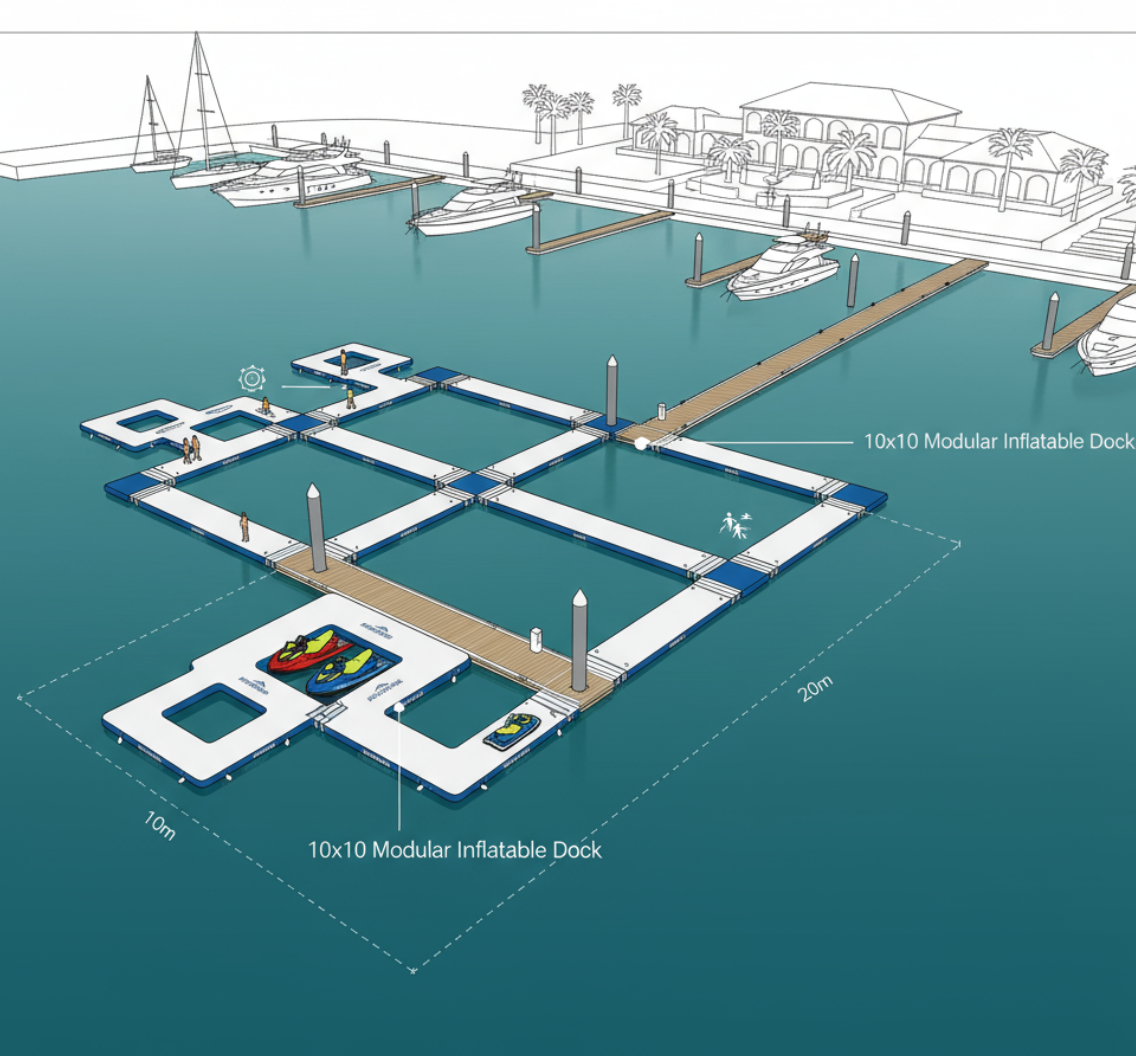 Modular setup of multiple 10x10 inflatable docks in a marina