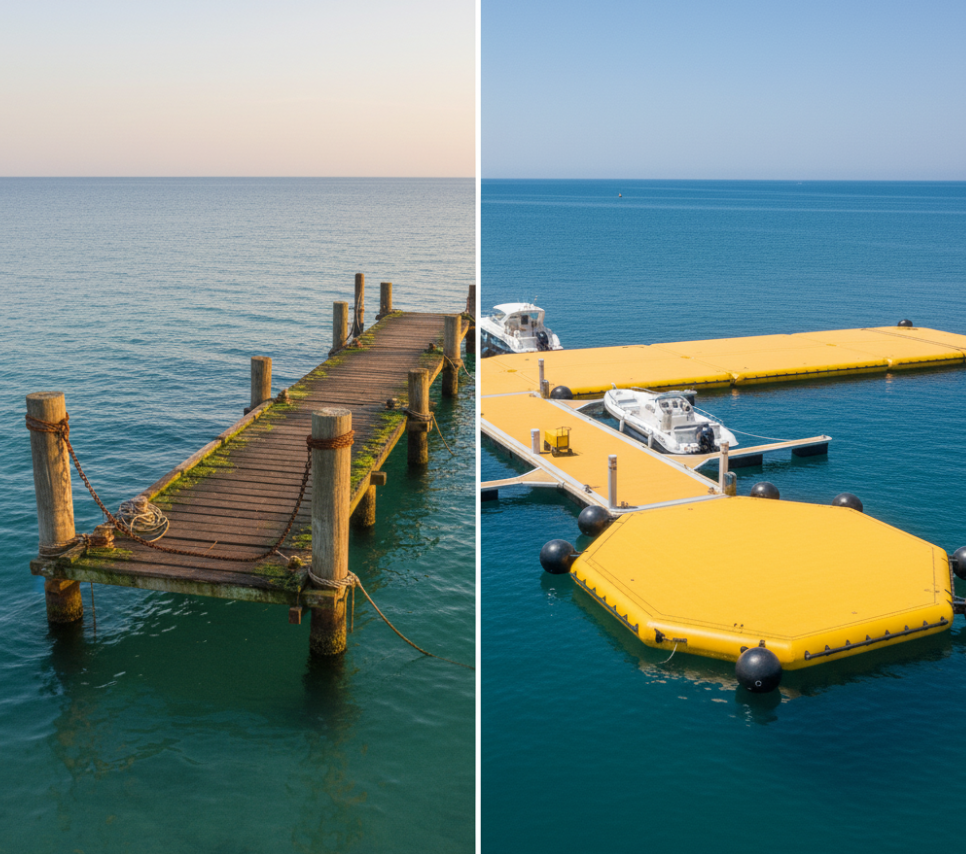 Comparison of permanent wooden dock vs industrial-grade inflatable dock