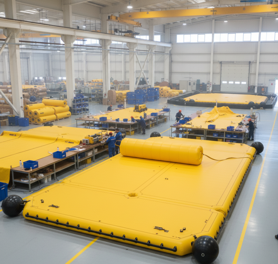 Factory assembling industrial-grade inflatable floating docks for B2B clients